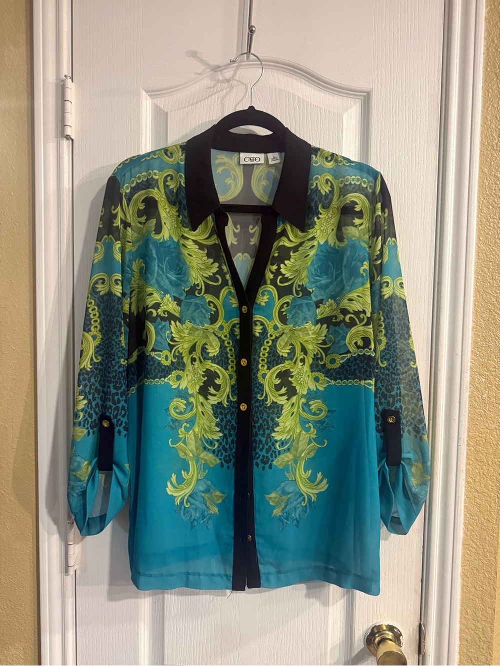 Cato Turquoise & Lime Baroque Print Sheer Button-Up Blouse